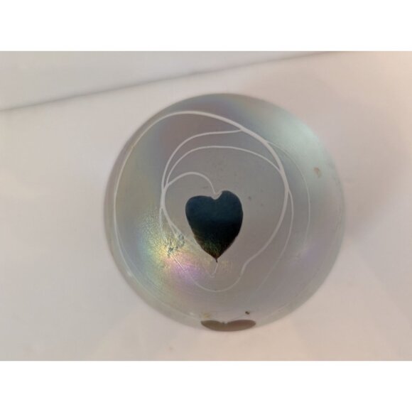 Handblown Iridescent Glass Paperweight With Heart Design & Swirl Pattern - Picture 3 of 6